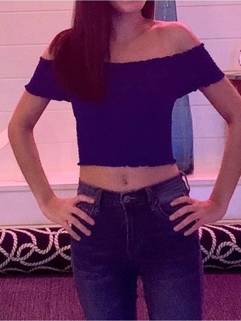 Love Tree Small Off-Shoulder Ribbed Blue Crop Top Used Like New